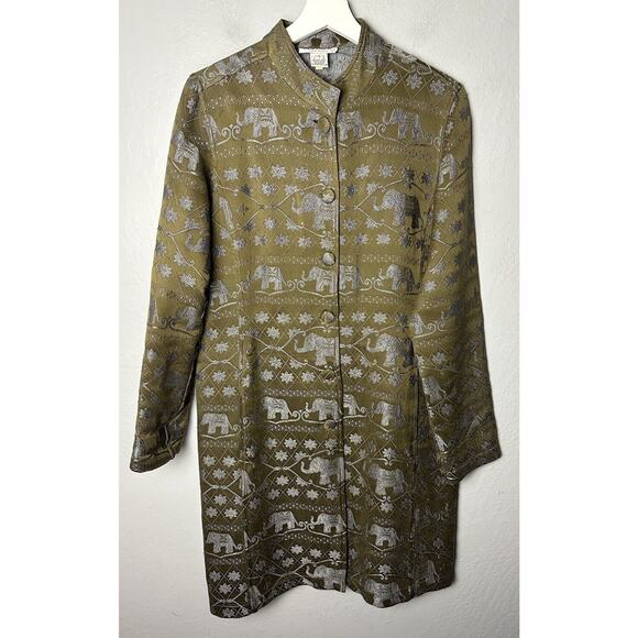 Citron Santa Monica Green Elephant Print Button Long Jacket Small Silk Blend - Picture 1 of 5